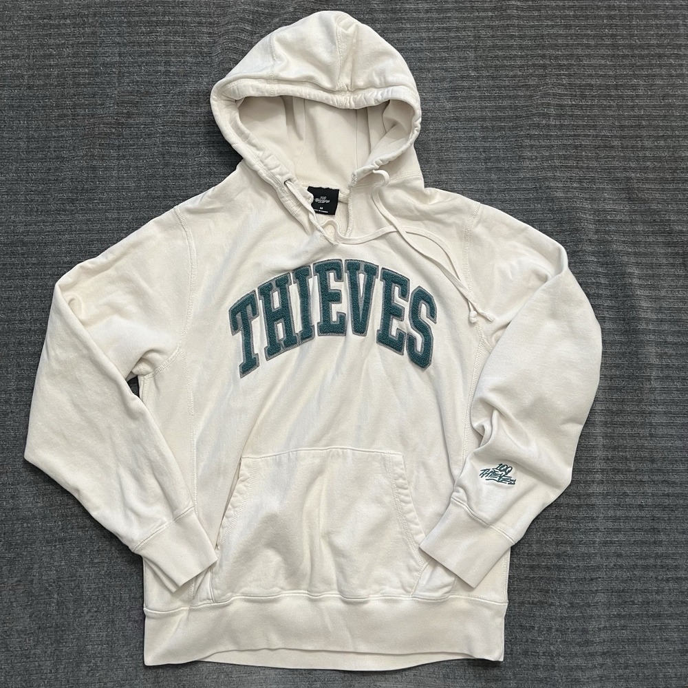 100 Thieves Hoodie Cream With Green Varsity Lettering Medium E-gaming